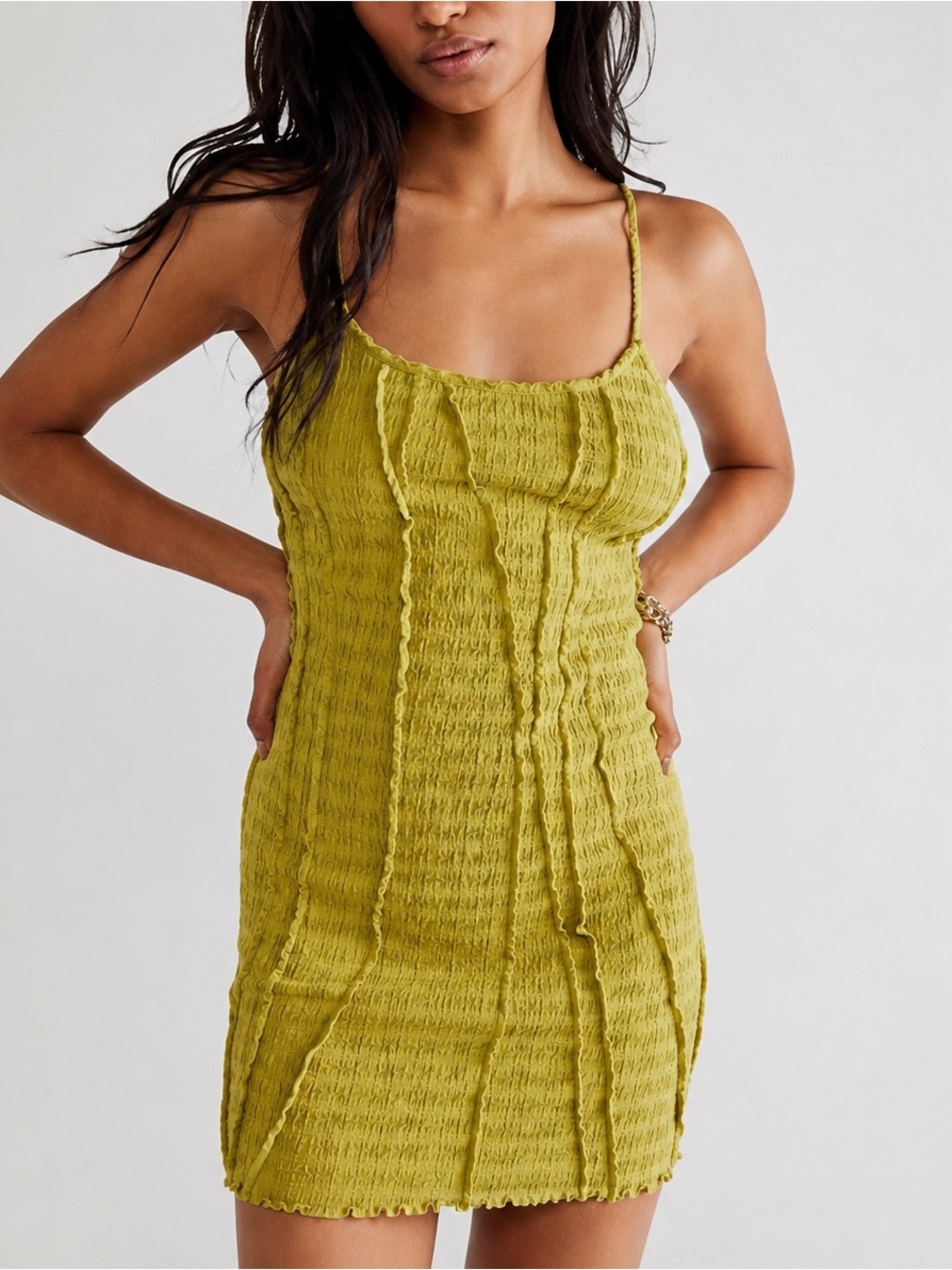 Free People Throwing Shade Mini Dress Medium Green Textured Bodycon Cami Boho
